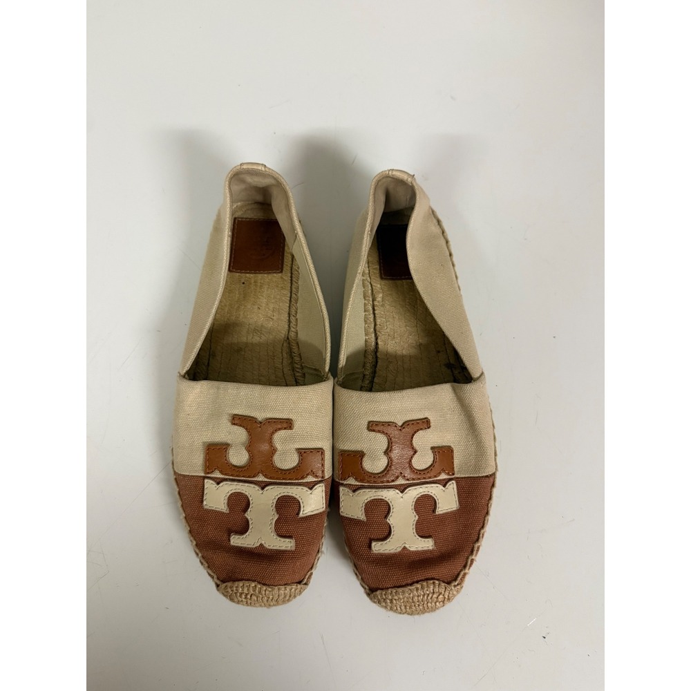 Flawed Tory Burch Canvas Colorblock Logo Espadrille Flats Beige Brown 8M